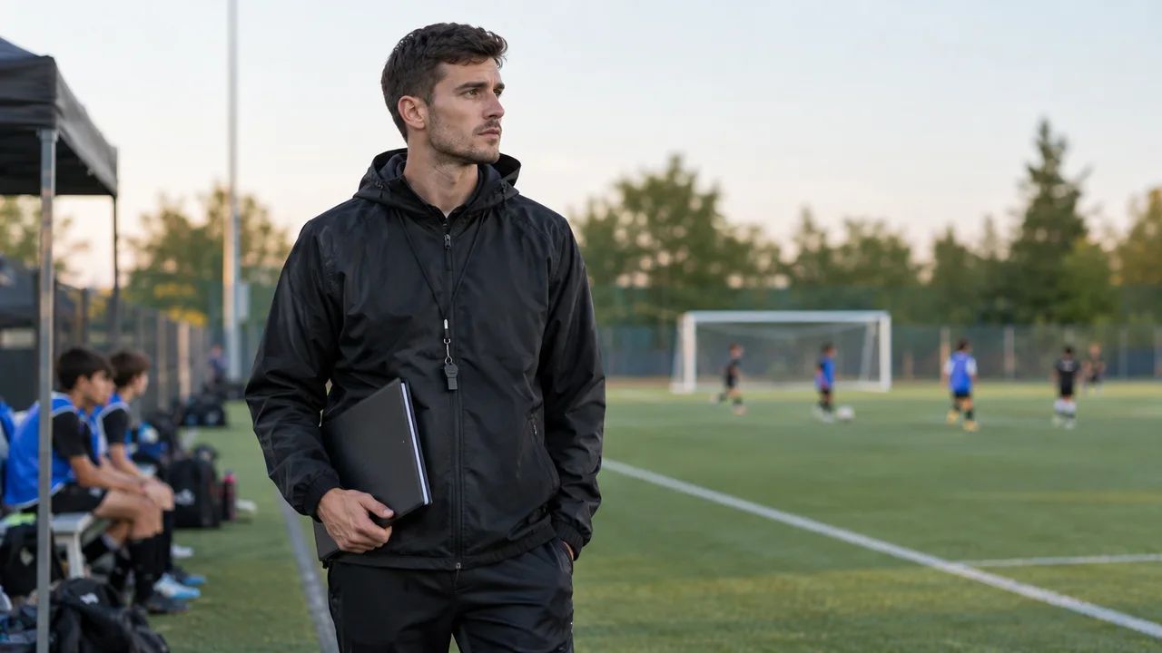 Coach holding a certificate folder and whistle on the sideline of a youth soccer field