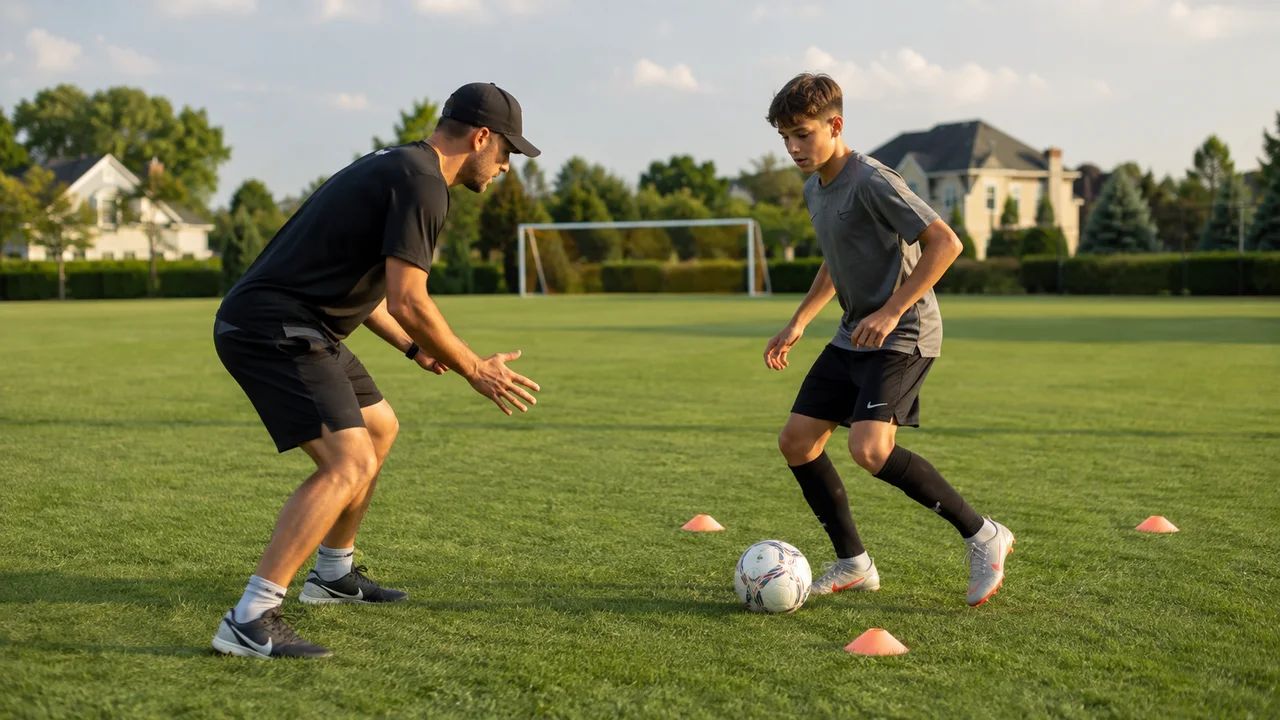 A private soccer coach working one-on-one with a young player in New Jersey.