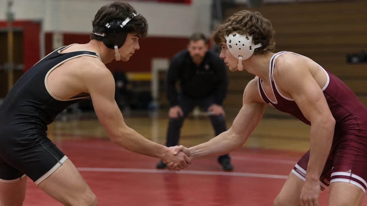 Two young wrestlers in headgear shaking hands on a mat in a school gym