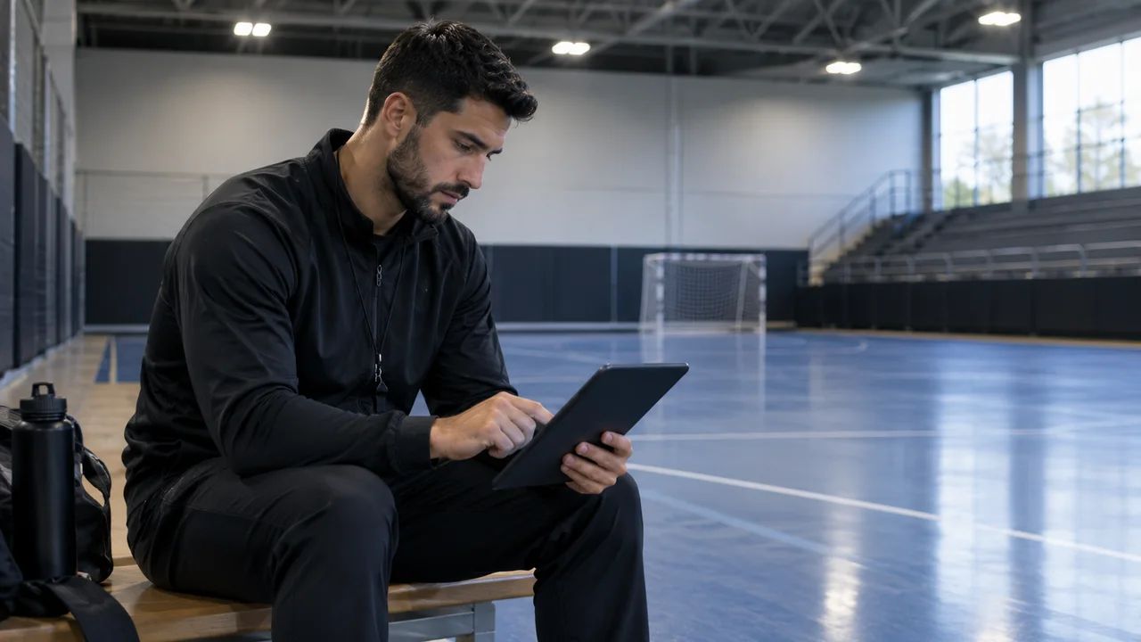 Coach reviewing insurance documents on a tablet in an empty indoor sports facility