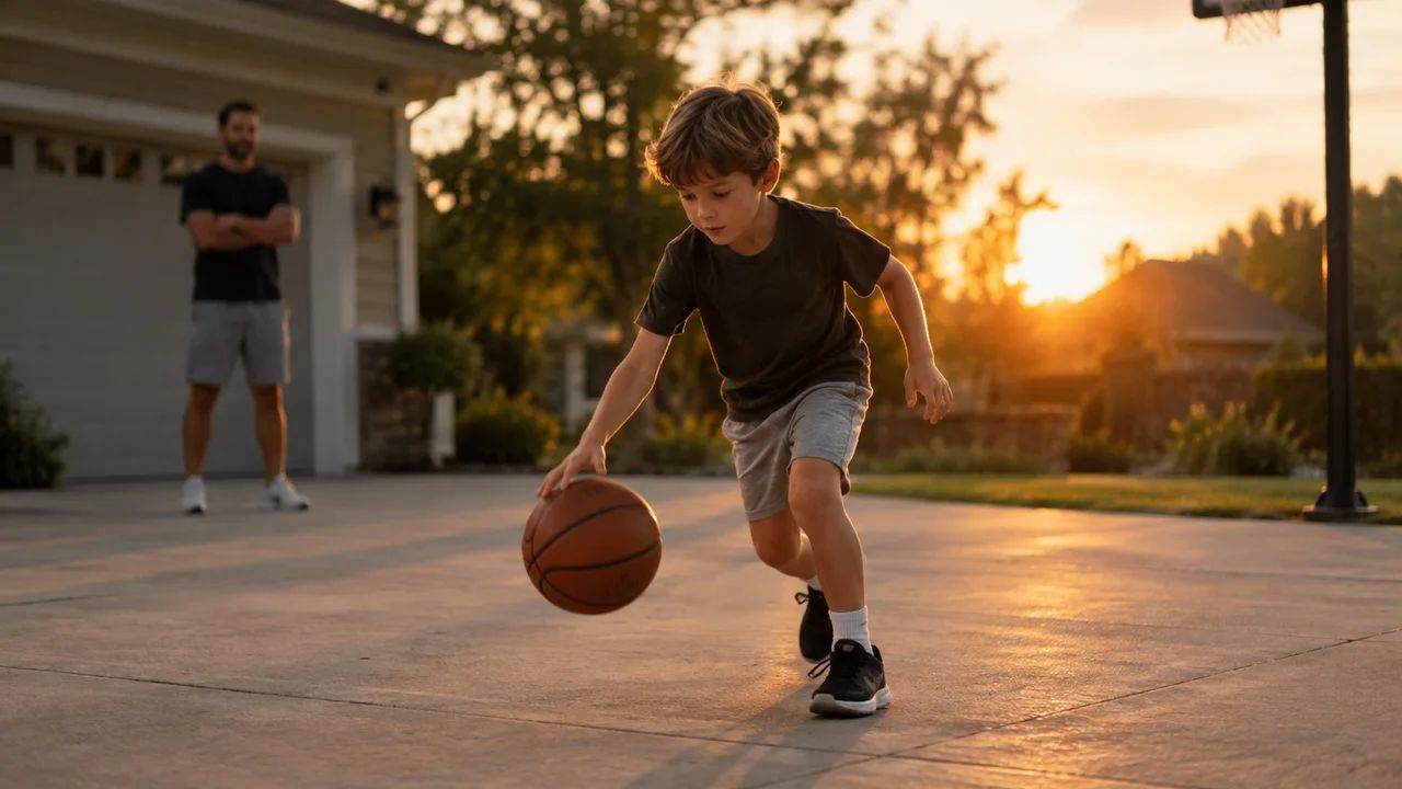 Young child dribbling a basketball in a driveway while a parent watches