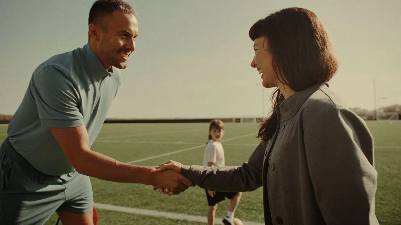 Private coach shaking hands with a smiling parent on a sports field while their young child waits in the background
