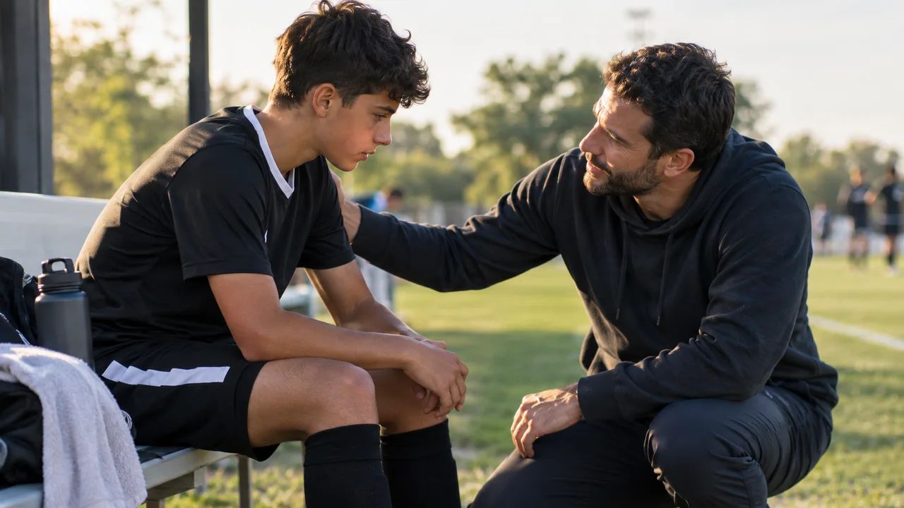 Parent kneeling beside a nervous teenage soccer player on the bench before a game, offering encouragement
