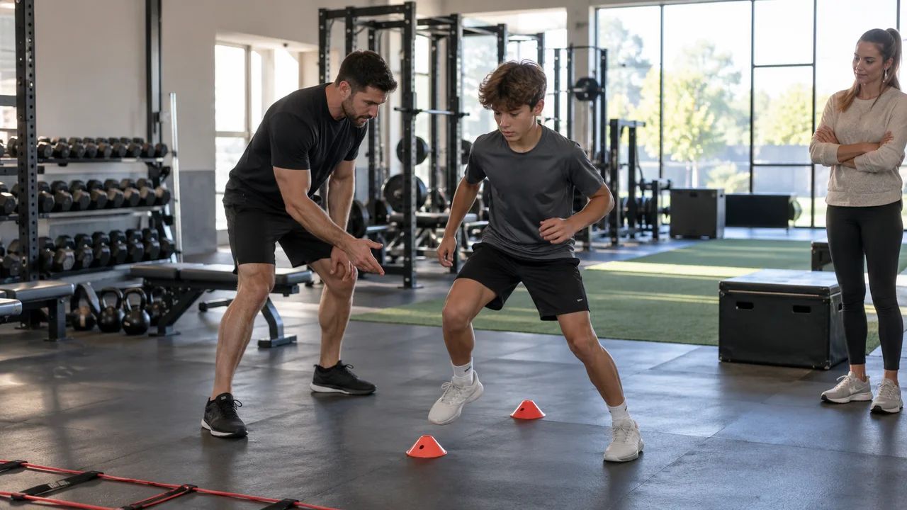 Private coach running a one-on-one training session with a young athlete in an open, visible setting